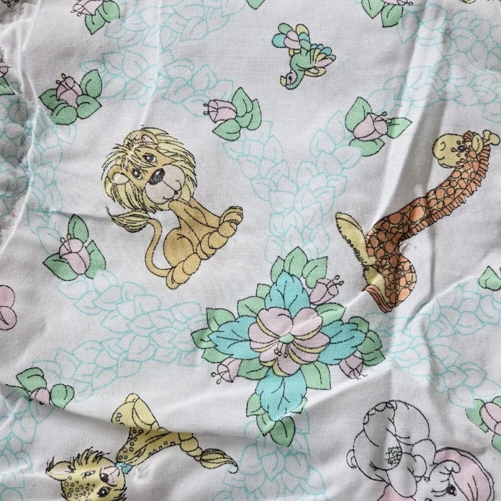 VTG Precious Moments Animal Baby Quilt Blanket Flowers Pink Flannel‎ Back 31x41